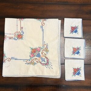 Vintage Cross Stitch Linen Tablecloth & Napkin Set